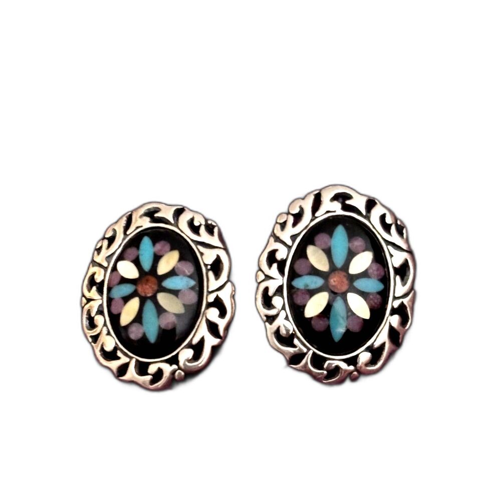 VTG Carolyn Pollack Relios Sterling Silver Multi-Gemstone Inlay Flower Earrings